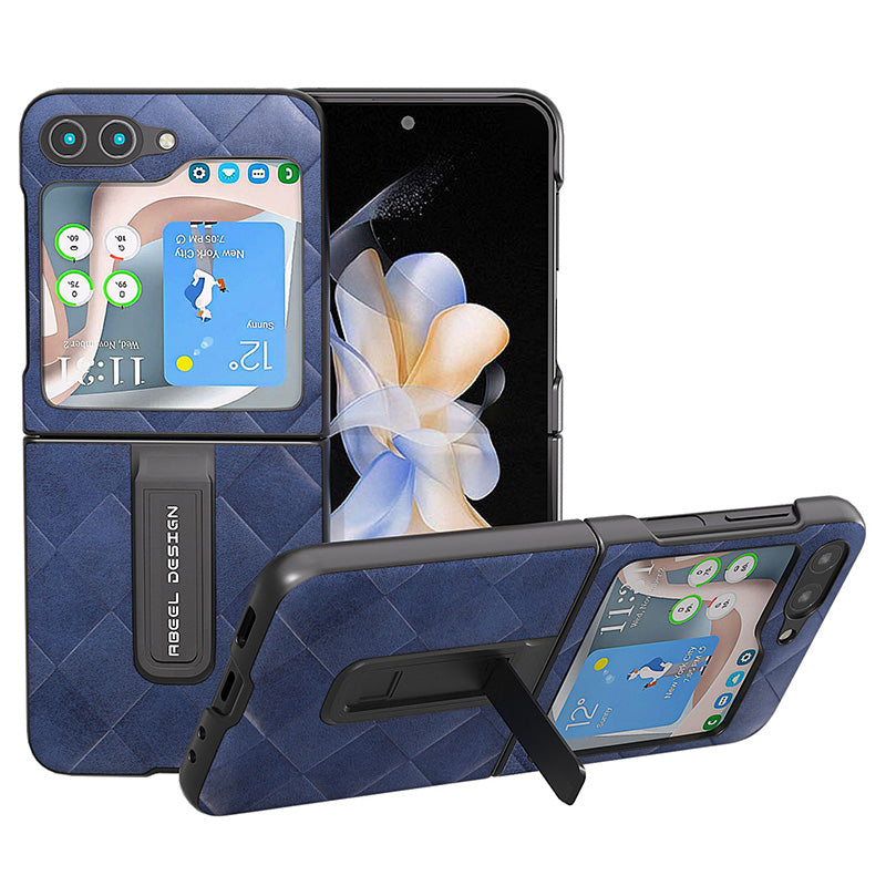 ABEEL For Samsung Galaxy Z Flip5 5G Kickstand Protective Case PU Leather Coated PC Grid Texture Phone Cover ABEEL For Samsung Galaxy Z Flip5 5G Kickstand Protective Case PU Leather Coated PC Grid Texture Phone Cover